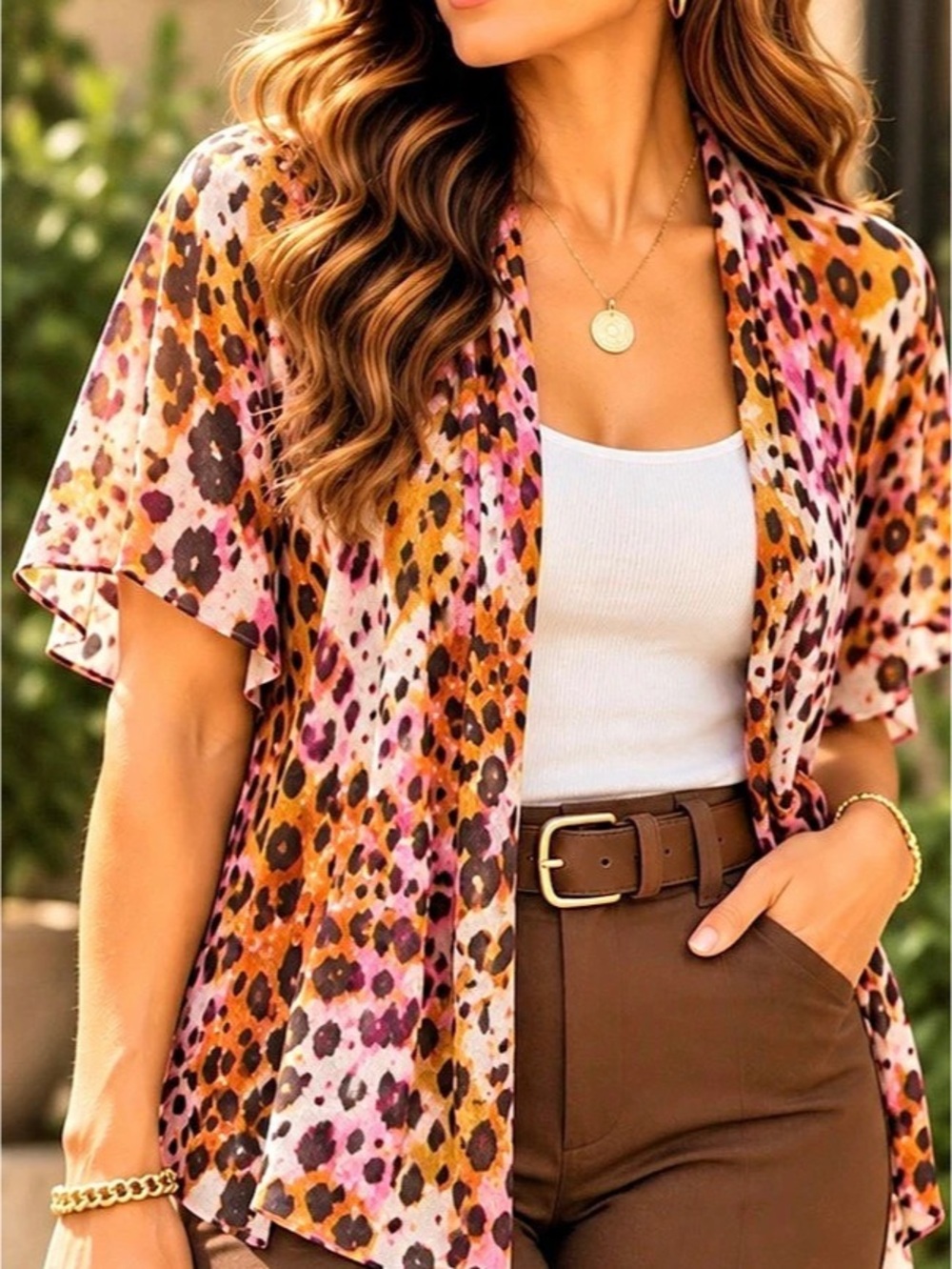 August Silk Linen Blend Animal Print Open Cardigan L
